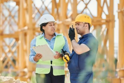 a man and a woman working at a construction site